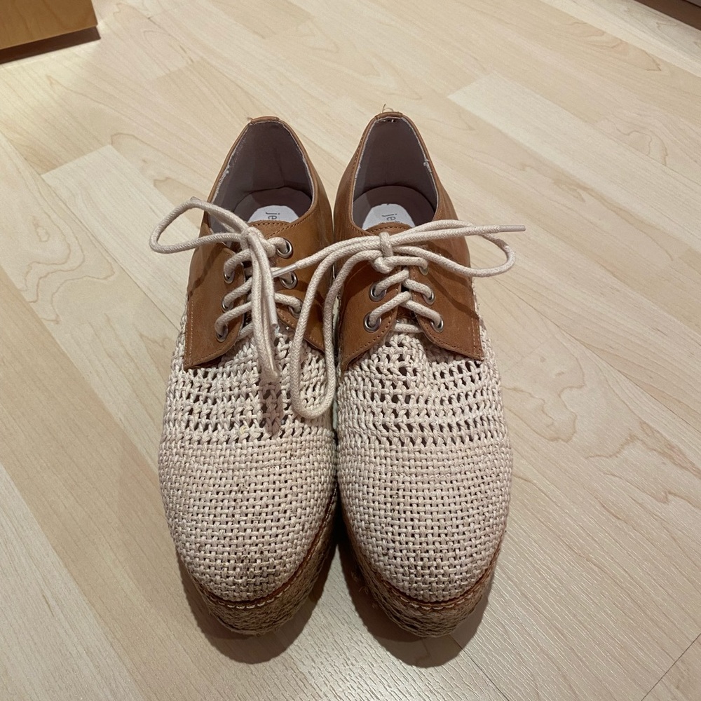 Jeffrey Campbell crochet platform espadrilles.